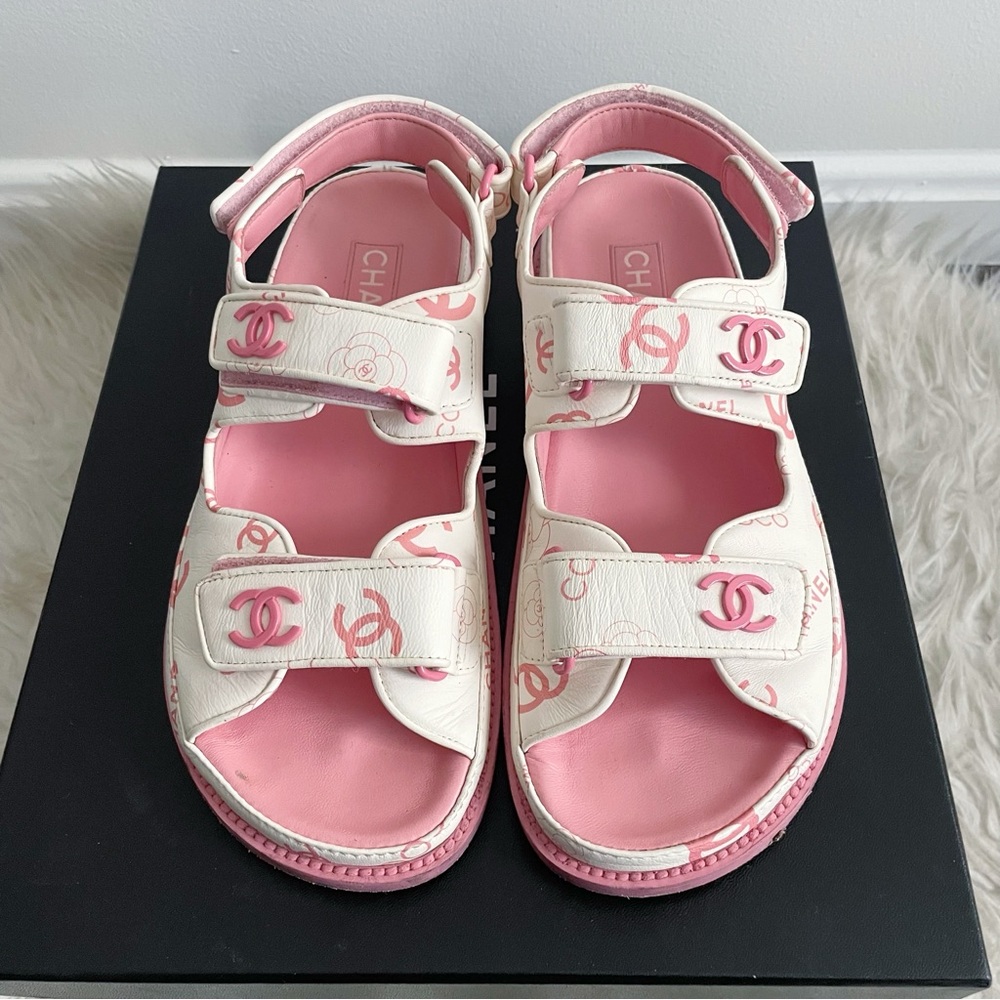 Chanel Lambskin Printed CC Velcro Dad Sandals 37.5 White Pink With Socks
